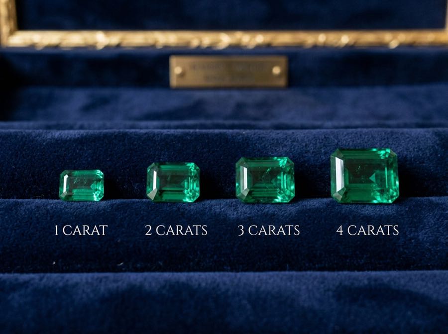 image représentant 4 émeraudes de différents carats (allant de 1 à 4)