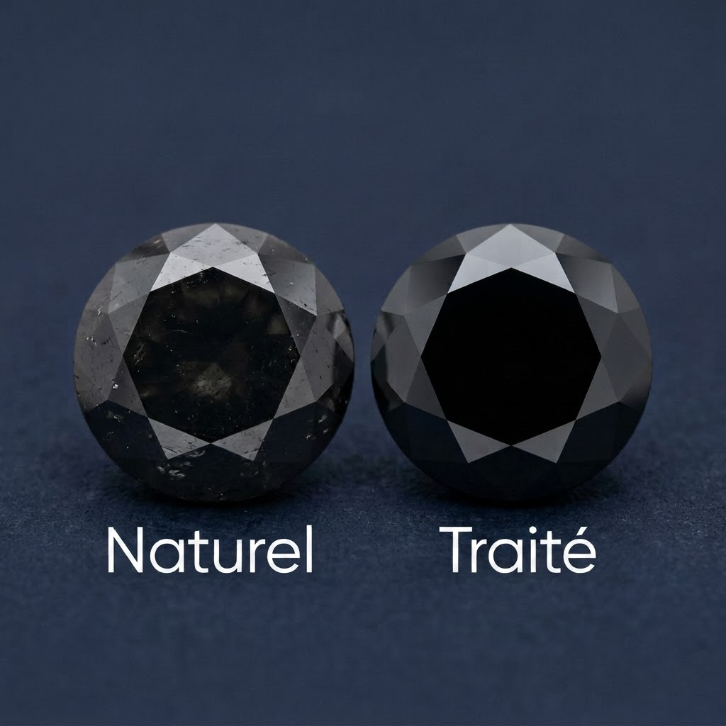 Comparaison entre un diamant noir naturel et un diamant noir traité